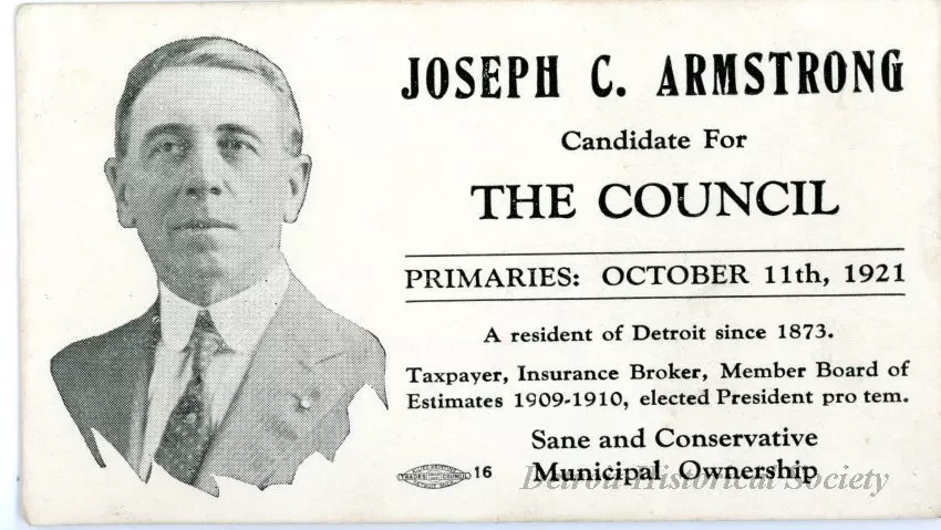 Card, Political - Joseph C. Armstrong for Detroit Common Council