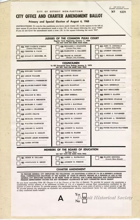 Ballot - City of Detroit Non-Partisan
City Office and Charter Amendment Ballot
Primary and Special Election of August 6, 1968