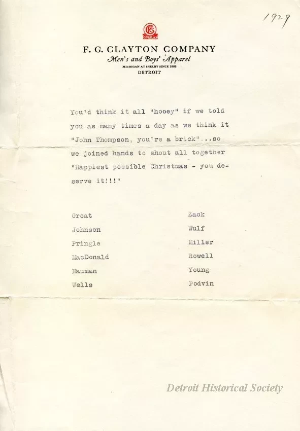 Letter - F. G. Clayton Company