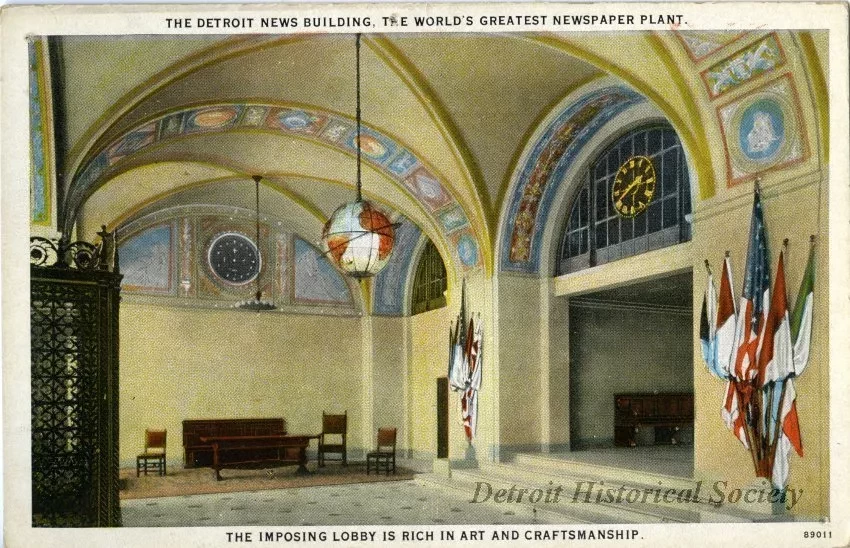 Postcard - The Detroit News Building, The World's Greatest Newspaper Plant
The Imposing Lobby is Rich in Art and Craftsmanship