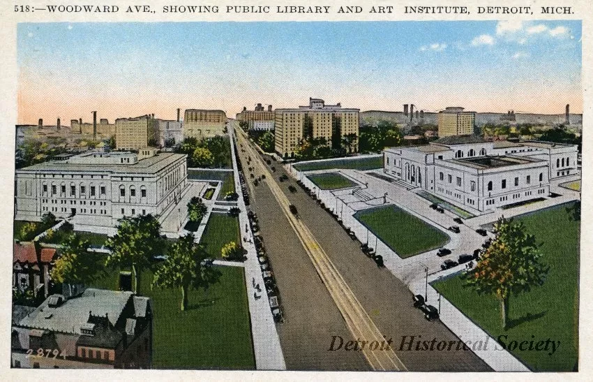 Postcard - 518: - Woodward Ave., Showing Public Library and Art Institute, Detroit, Mich.