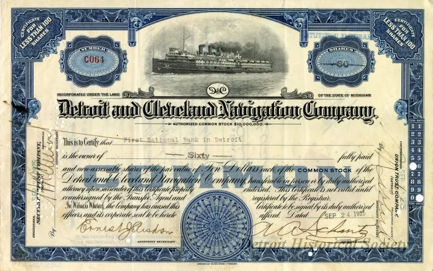 Certificate, Stock - Detroit and Cleveland Navigation Company