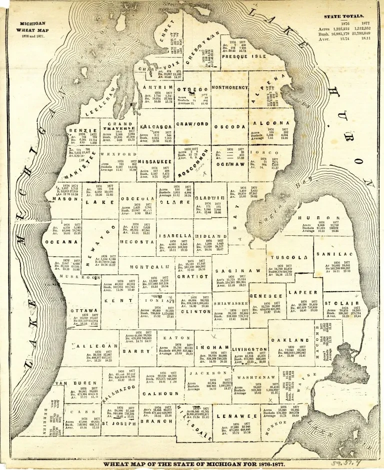 Antique map of Door County, Wisconsin, showing land plots and surrounding water bodies, with vintage typography.