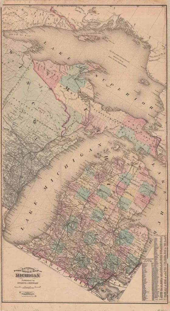 Vintage map of Michigan and Wisconsin showing counties, lakes, and roads in faded colors.
