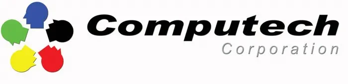 Computech Corporation in black text and five head silhouettes in red, blue, yellow, green, and black on a white background