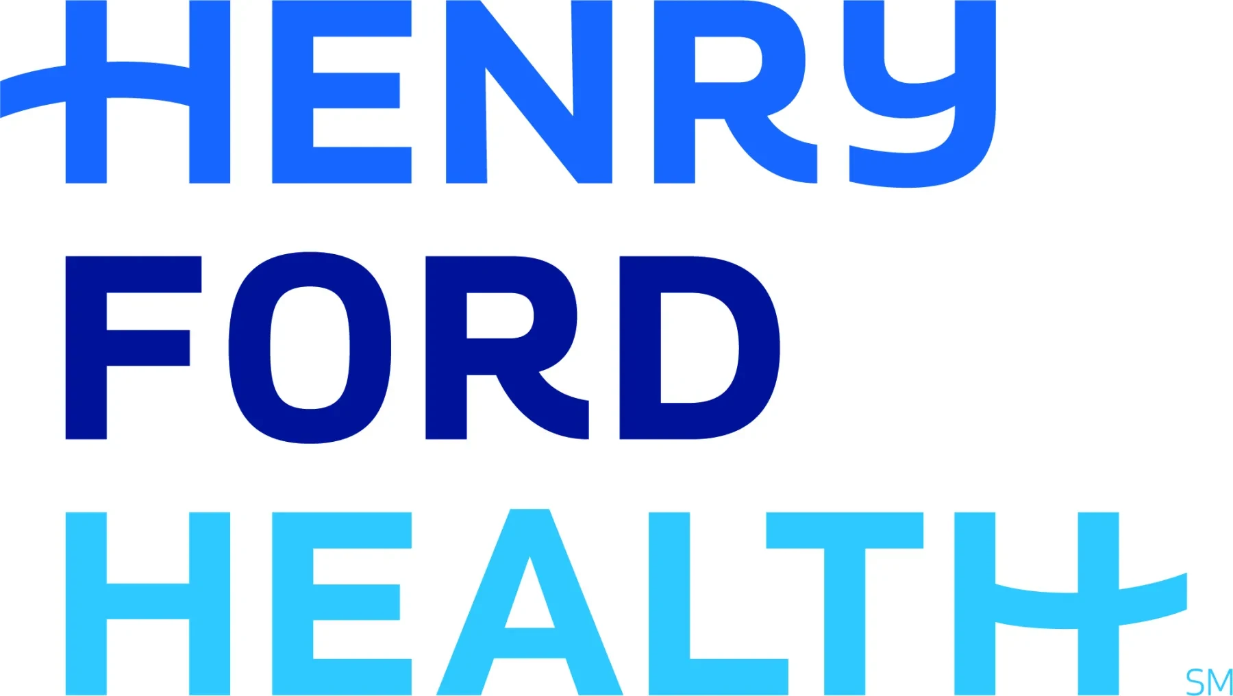 Henry Ford Health in three shades of blue text on a white background