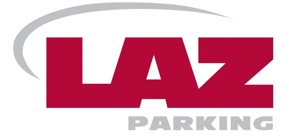 LAZ Parking logo with red text and a gray arch.
