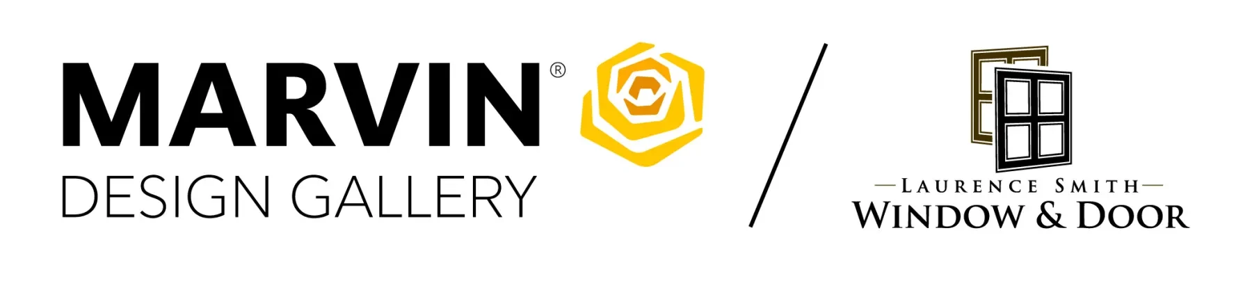 Marvin Design Corp in black text next to an abstract yellow rose on the left, Lawrence Smith Window and Door in black text under an outline of a window on a white background