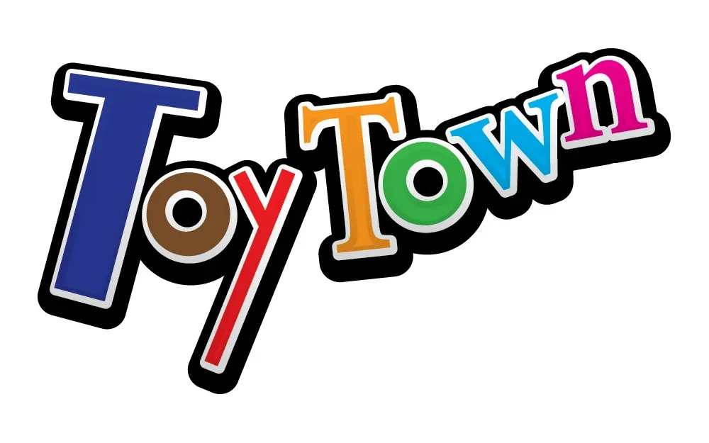 Colorful Toy Town logo with playful fonts.