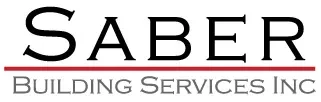 Saber Building Cleaning Services written in black text with a red line under the word Saber on a white background.