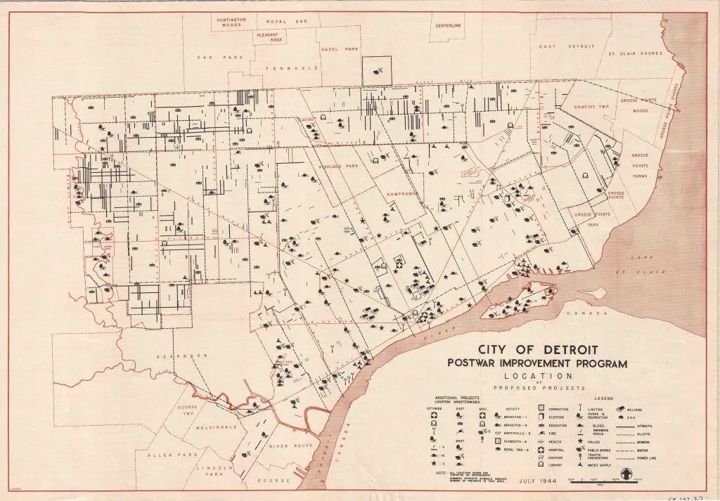 Map of Detroit's Potter Improvement Program, showing numbered sections, landmarks, and streets with a detailed legend.