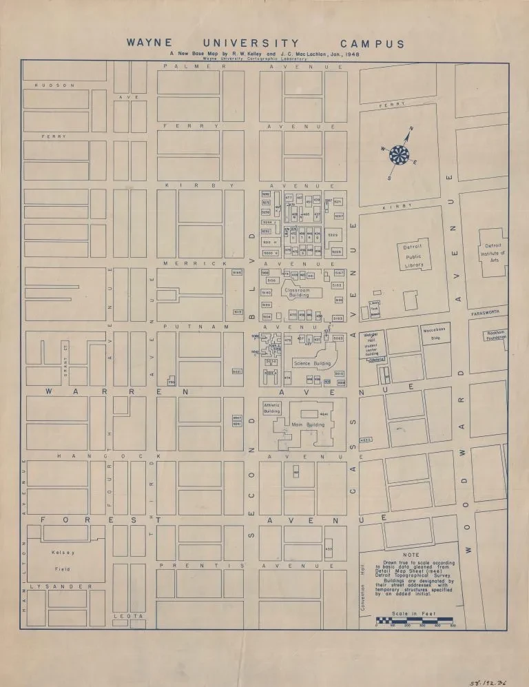 Wayne University campus map with building names and street layout.