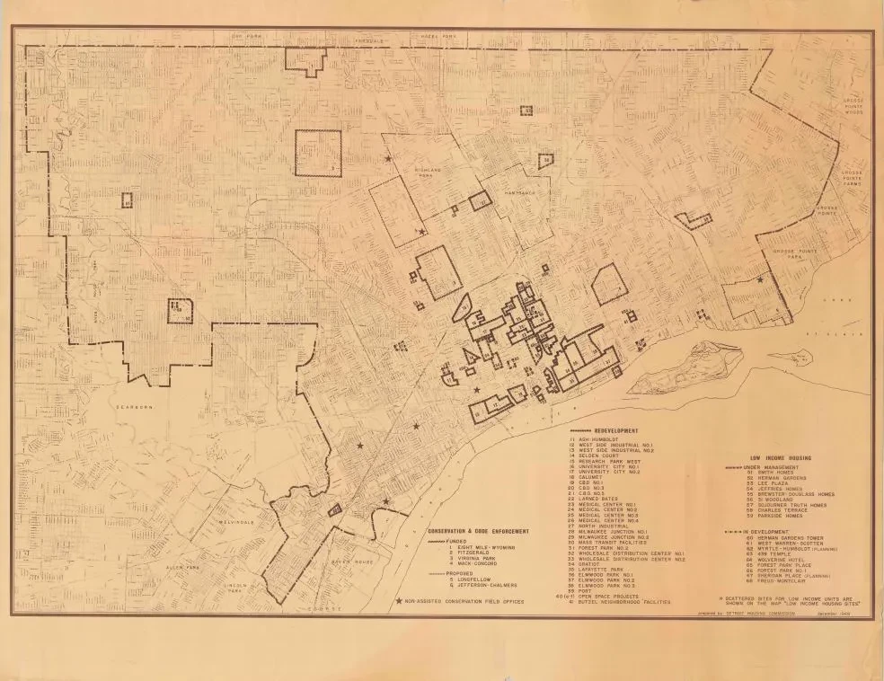 Historical map with outlined buildings labeled by numbers on a weathered background. Legend lists corresponding names.