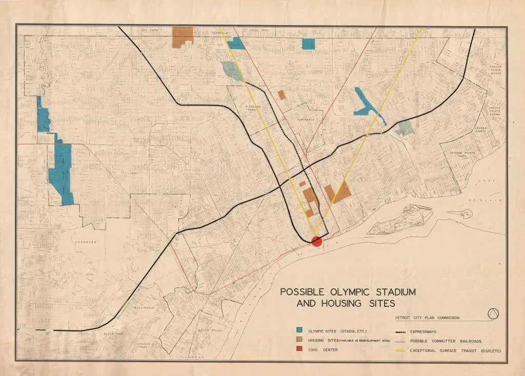 Map showing possible Olympic stadium and housing site with colored zones and lines.
