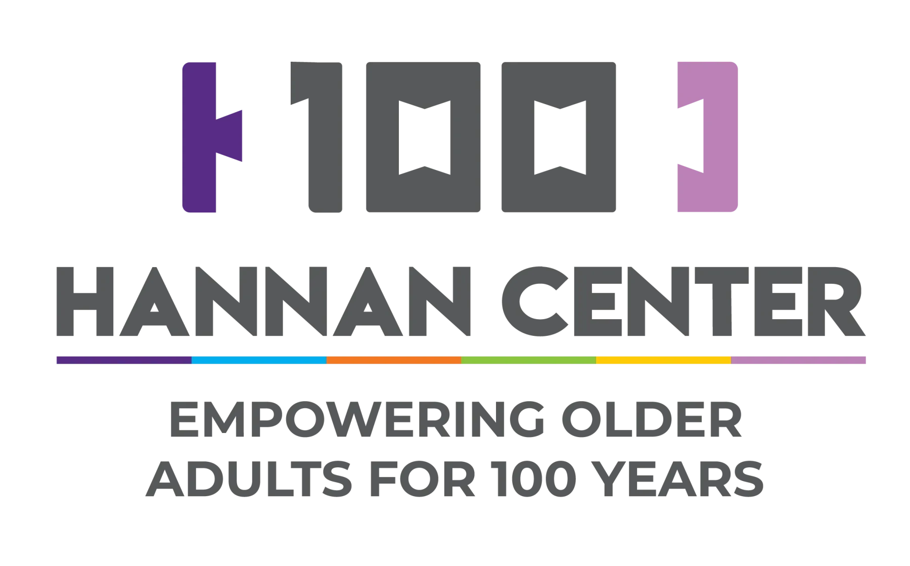 Hannan Center 100th anniversary logo with rainbow underline.