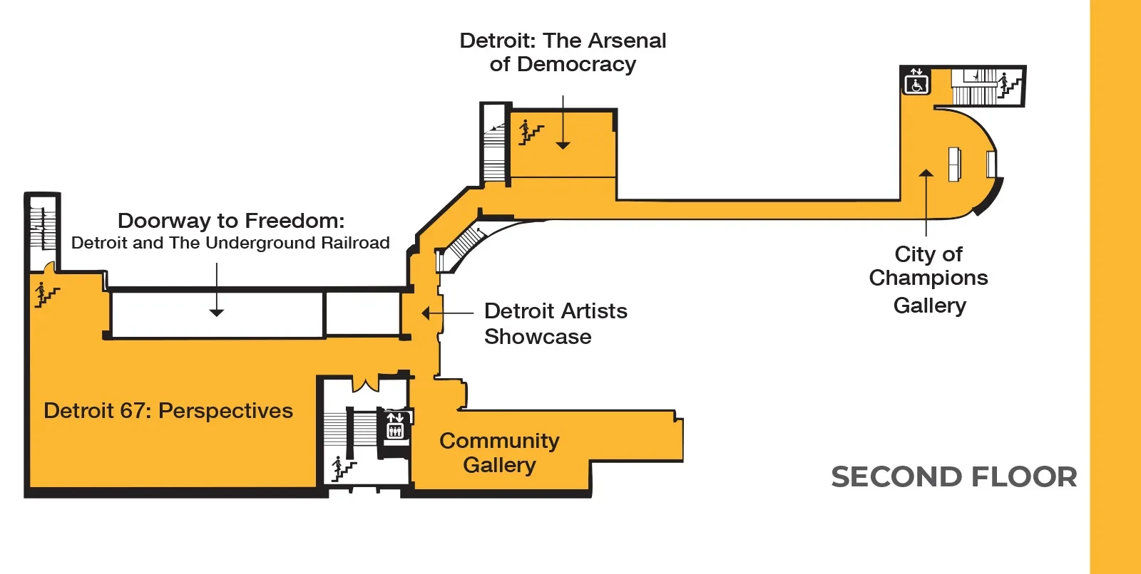 Second floor museum layout with exhibit areas and galleries marked.