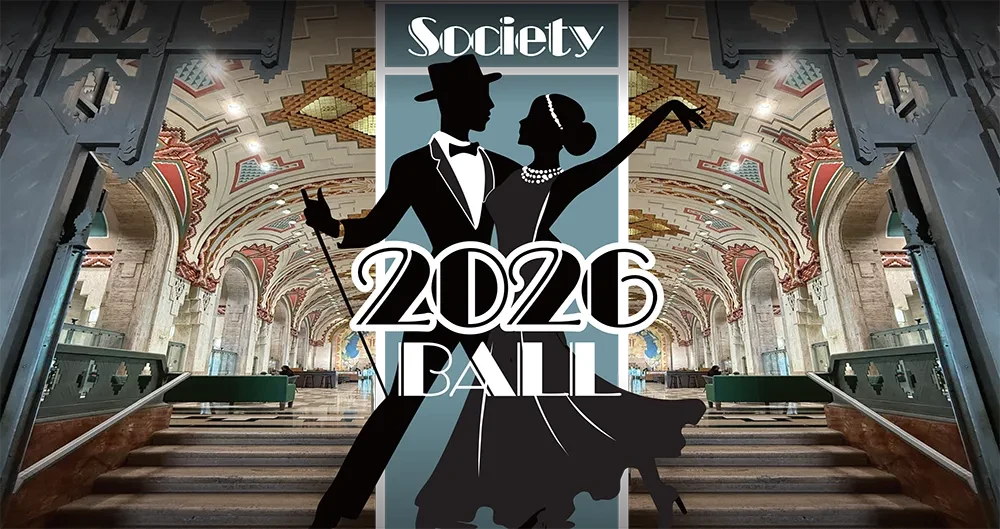 Silhouettes of a dancing couple in formal attire in an ornate ballroom setting, text overlay "2026 Ball".