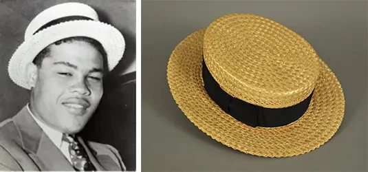 Black-and-white photo of smiling person in a straw boater hat; color photo of a straw boater hat with a black ribbon.