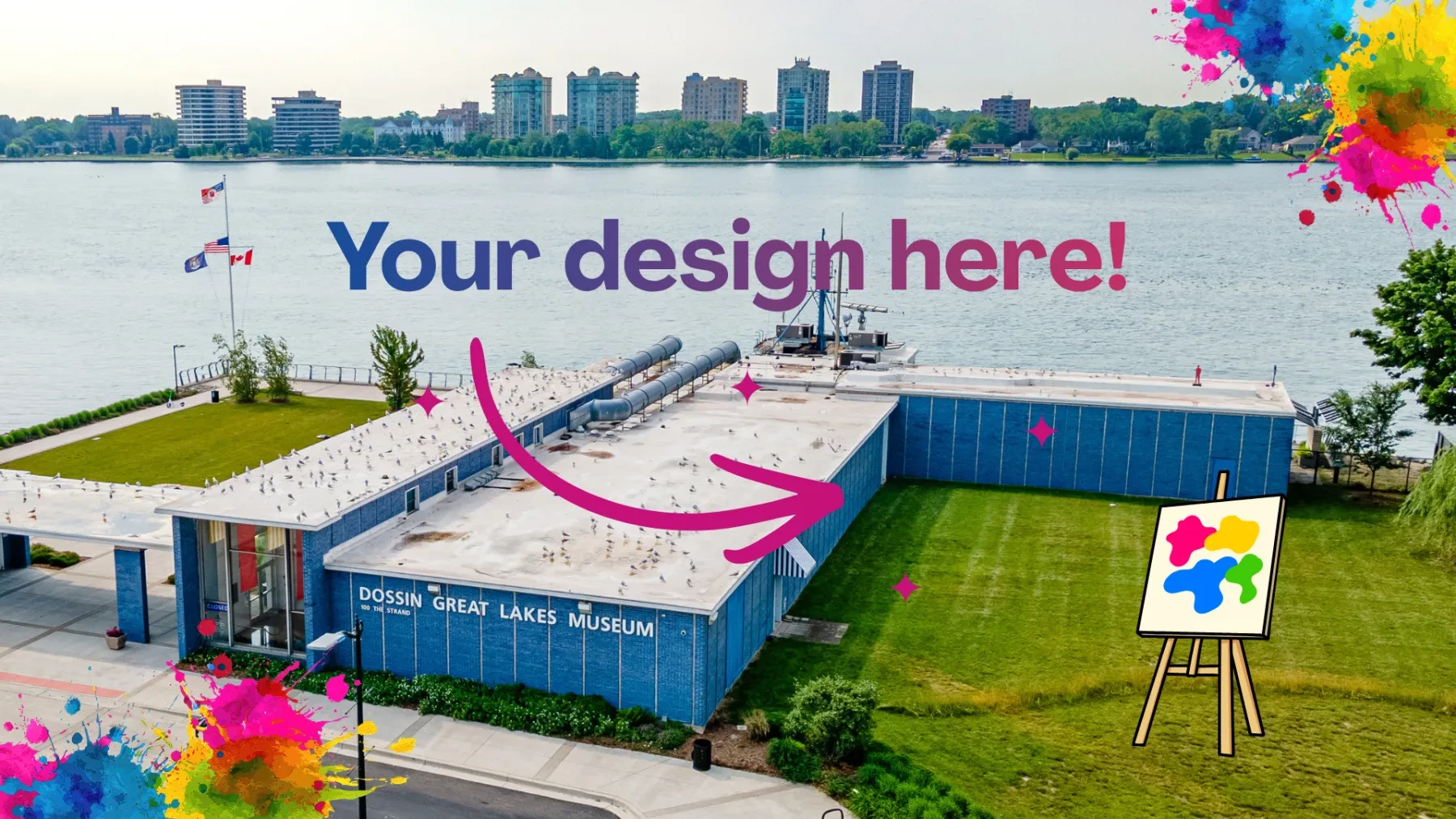 Modern riverside building with green roof, an easel on the lawn, and colorful paint splatters around the edges.