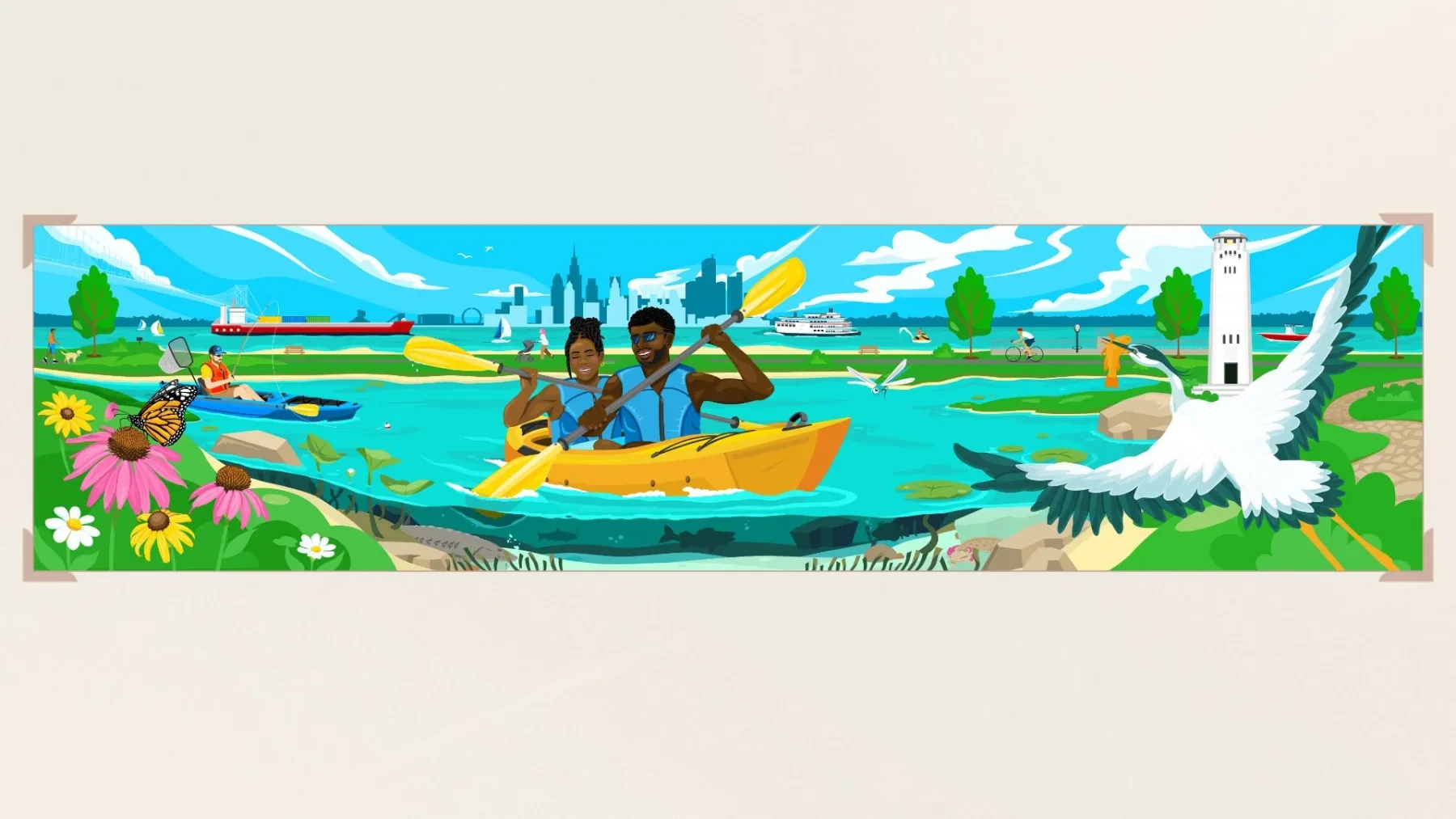 Two people paddle a kayak on a bright river, surrounded by flowers, birds, and distant buildings under a blue sky.