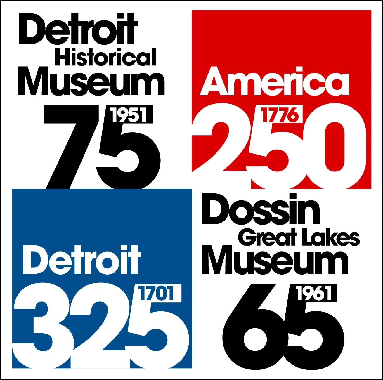 Detroit Historical Museum and Dossin Great Lakes Museum anniversaries in bold text; red, blue, and black color blocks.