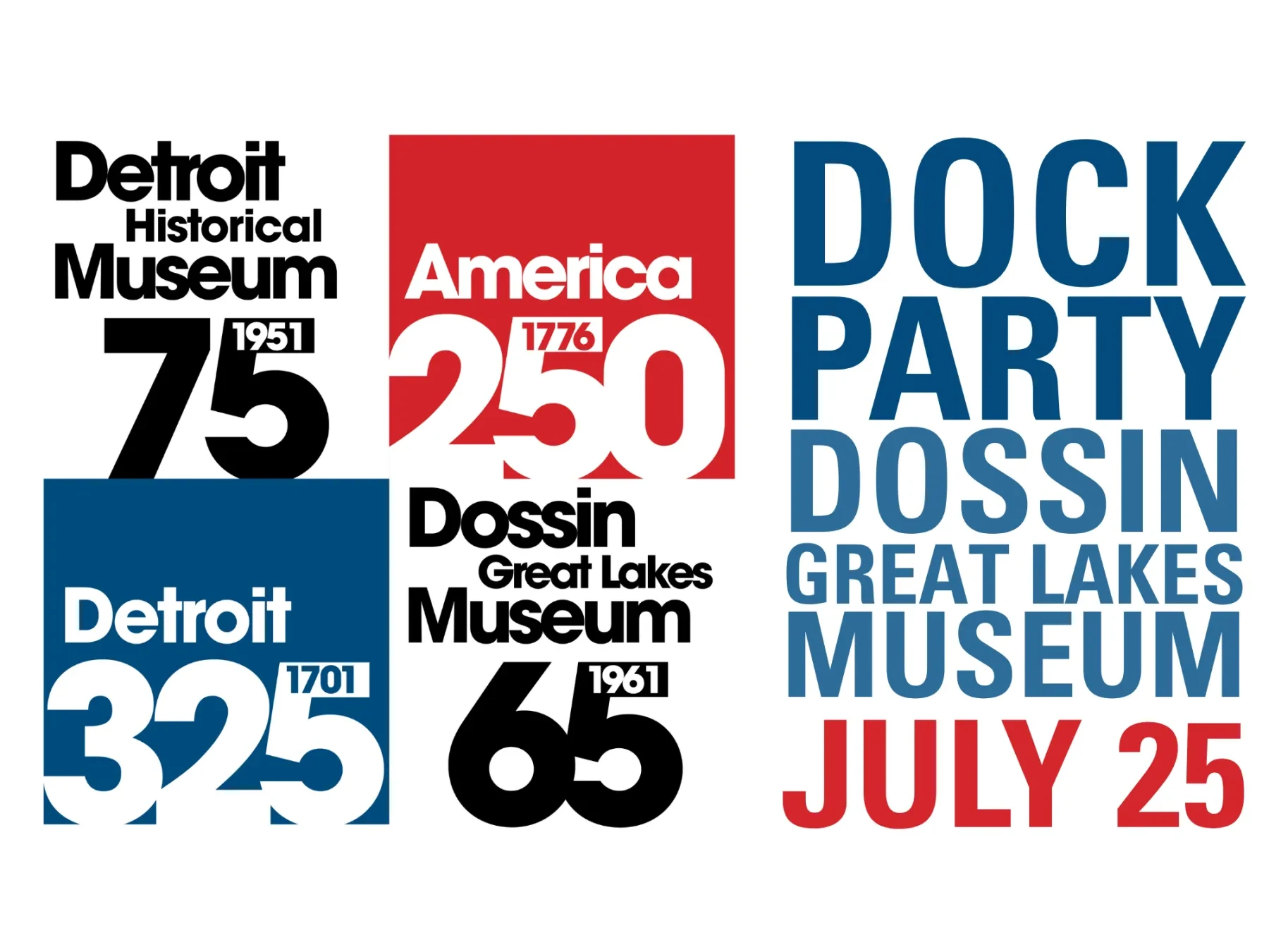 Dock party announcement in red, white, and blue, highlighting anniversaries for Detroit museums and America 250.