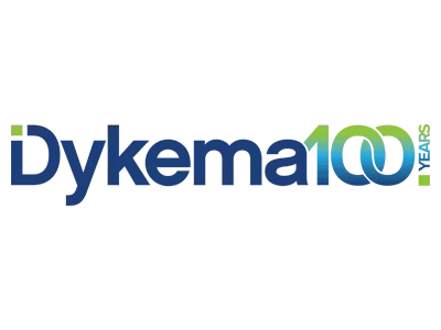 Dykema100 logo with gradient blue and green text.