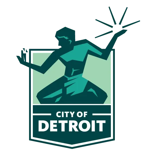 Detroit city logo with stylized figure holding a starburst.