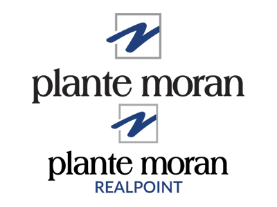 Plante Moran Realpoint logo with blue accents and stylized "PM" letters.