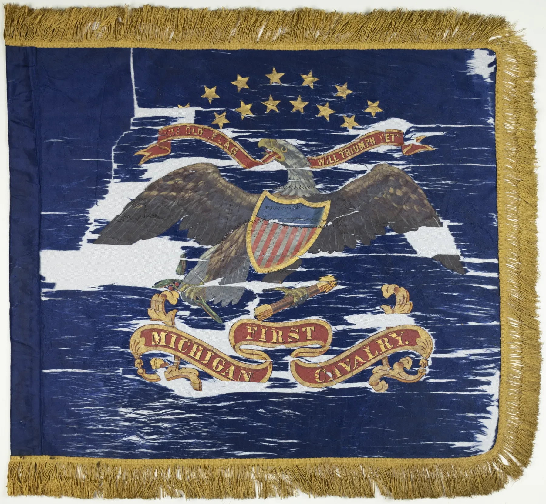 Civil War-era flag with an eagle, shield, gold stars, and "Michigan First Cavalry" banner, fringed in gold.