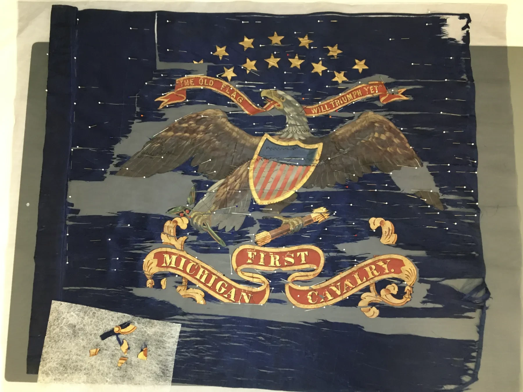 Historic flag with an eagle, shield, and "First Michigan Cavalry" banner on a blue background, partially worn.