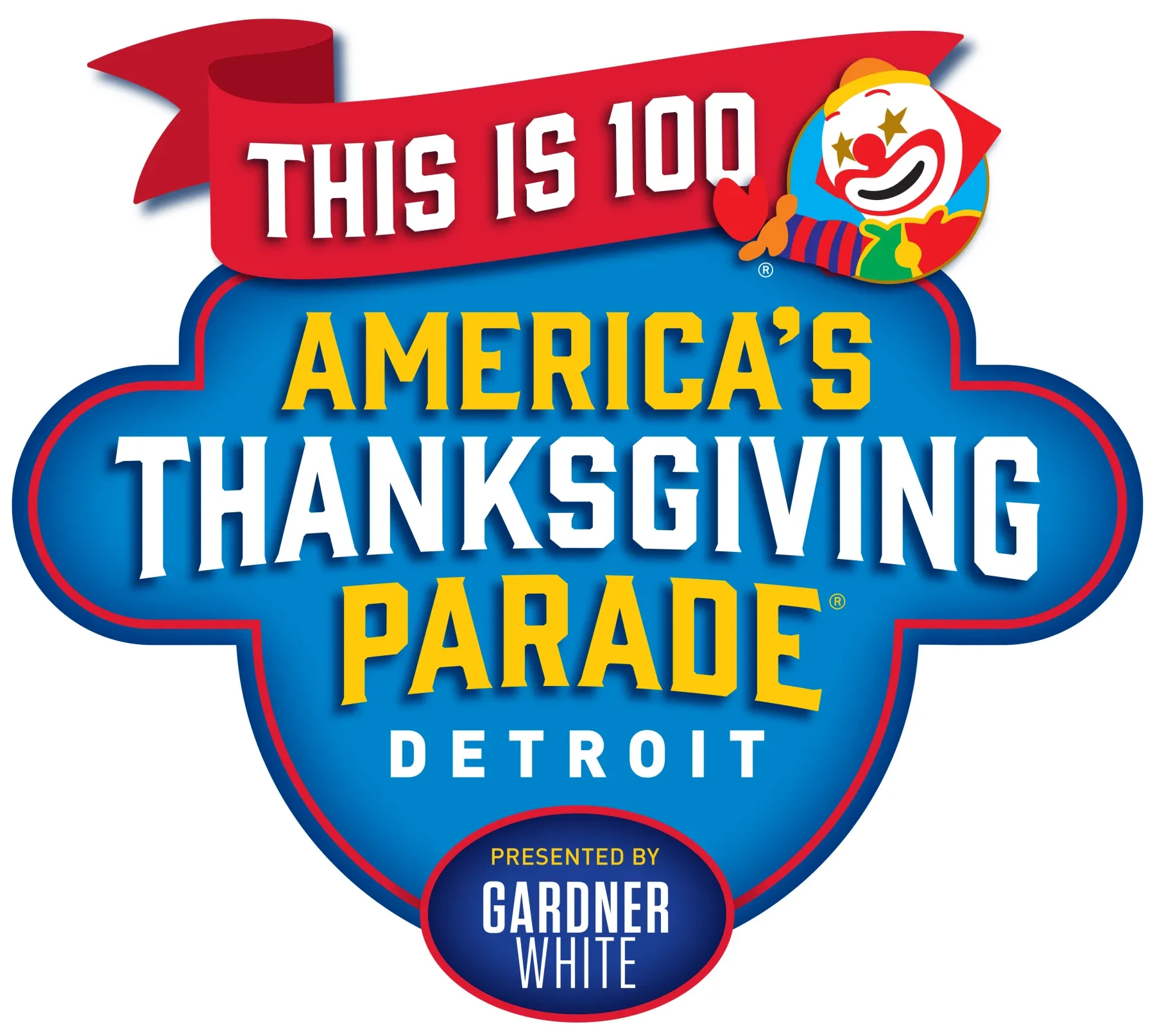 Detroit Thanksgiving Parade logo with a clown and festive colors.