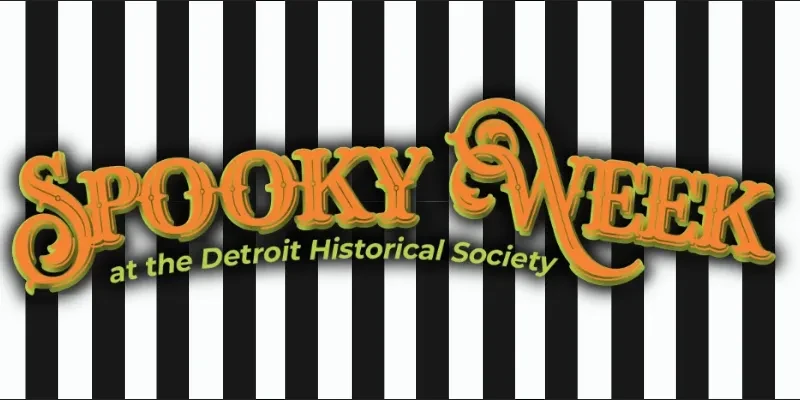 Spooky Week logo with orange text on black and white stripes.